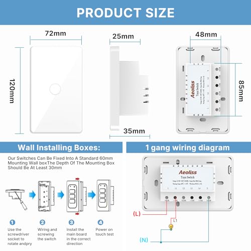 2.4GHz WiFi Smart Touch Wall Single Fire Smart Light Switch, Need Neutral Wire, Glass Panel Light Switch Work with Smart Life/Tuya App, Alexa and Google Home 2 Pack (White 1 Gang)