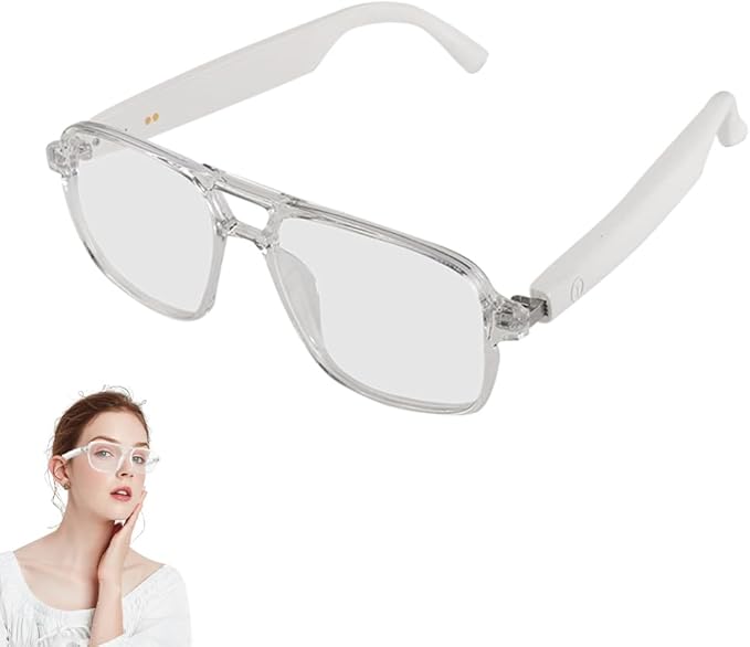Smart Glasses for Women Men, Anti-Blue Light UV Protection, Voice Control Smart Glasses with Built-in Mic & Speakers, Smart Audio Eyewear for Gaming Meeting (White Frame)