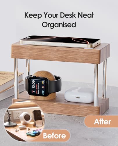 Nightstand Charging Station, 4 in 1 Bamboo Wireless Charging Station for Multiple Devices, Bedside Lamp Charger for iPhone/AirPods/iWatch, Birthday Gifts