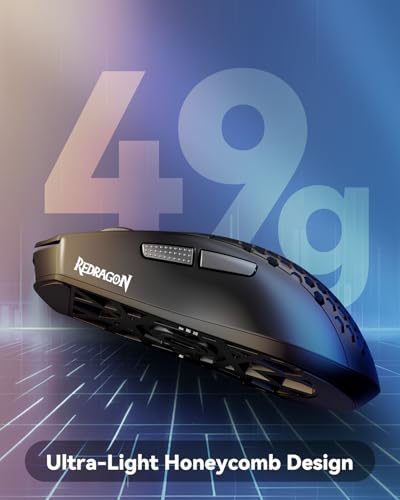 Redragon M725 Honeycomb Shell Gaming Mouse Wireless, Ultra Lightweight 49g, 8000 DPI Tri-Mode BT5.1/2.4GHz/Type-C Wired Gamer Mouse with 2 Side Buttons, Macro Programmable for PC/Mac/Laptop, Black