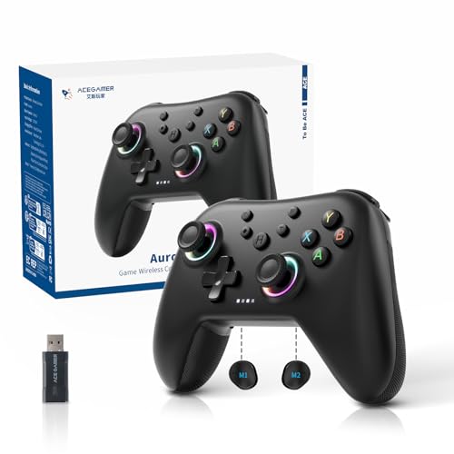 AceGamer Aurora II 2.4G Wireless Bluetooth Controller for PC/Android/Switch/iOS/Switch 2/Steam Deck with Rotary Motors, RGB Hall Effect Joysticks - Upgraded PC Gaming Controller and Back Buttons Lock