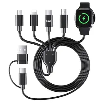 YIFYSUN 5-in-2 (65W) Multi Charging Cable with iWatch Charger : USB A/C Input, Type C/IP/Micro USB/Mini B Cable Cord for iWatch Ultra/SE/10-1/iPhone 17-11/Galaxy S25-S20/Garmin GPS-Black, 4FT - Image 1