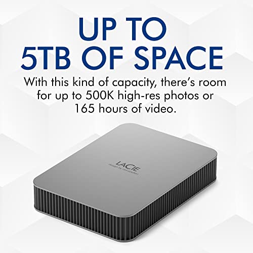 LaCie Mobile Drive 1TB External Hard Drive Portable HDD - Moon Silver, USB-C 3.2, for PC and Mac, Post-Consumer Recycled, with Adobe All Apps Plan and Rescue Services (STLP1000400)