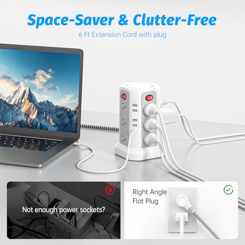Power Strip Tower Surge Protector with PD20W USB C, 6FT Desktop Extension Cord Charging Station with 12 AC Multiple Outlets 5 USB Ports, Charger Tower Multiple Protections for Home Office Supplies