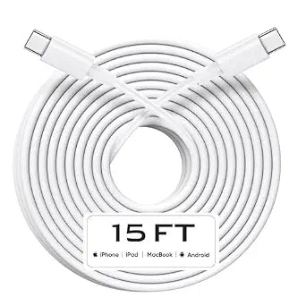 USB C to USB C Cable 15FT, 60W Fast Charging Extra Long USBC to USBC Charger Cord for iPhone 17/17 Pro/17 Pro Max/Air/16/16 Plus/16 Pro/16 Pro Max, iPhone 15 Series, Galaxy S25 S24 S23, White