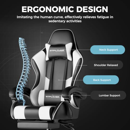 GTPLAYER Gaming Chair, Computer Chair with Footrest and Lumbar Support, Height Adjustable Game Chair with 360°-Swivel Seat and Headrest and for Office or Gaming (Pearl White) - Image 5