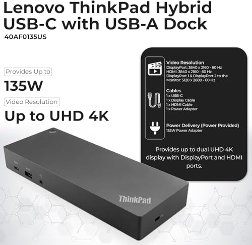 40AF0135US Docking Station Dual Monitor Hybrid USB-C with USB-A - 1 Year Warranty, Thinkpad Dock w/ 135W Adapter, HDMI, DisplayPort, USB-C Cable, Cloth - Laptop Docking Station (Renewed)