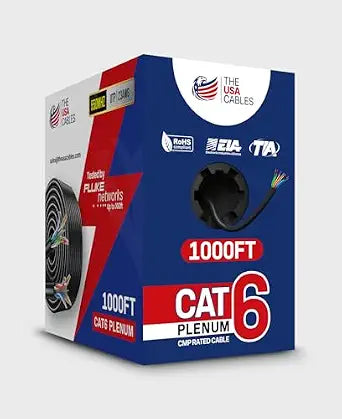 Cat6 Plenum Ethernet Cable 1000FT CMP Rated – 23AWG Solid Conductor Bulk LAN Network Cable – 10Gbps High Speed UTP Wire – DSX-8000 Tested – PoE Compatible – Black