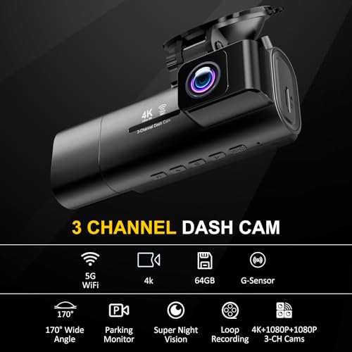 4K Dash Cam Front and Rear Inside,3.16" IPS,3 Channel Dash Cam for Car with 5G WiFi,Free 64GB Card,170° Wide Angle,Loop Recording,G-Sensor,WDR,Night Vision,Time-Lapse,24H Parking Monitor