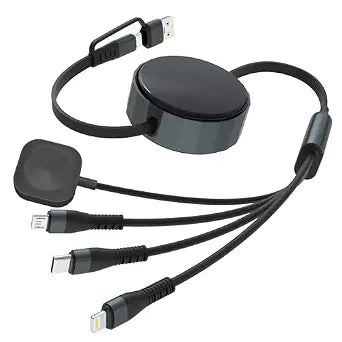 Retractable Multi Charging Cable for Apple Watch - 100W Retractable 4-in-1 Multi Charging Cable with USB-C, Lightning, Micro USB & iWatch Port, Portable Travel Charger Cord for iPad, iPhone, Android
