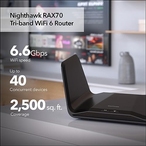 NETGEAR Nighthawk 8-Stream WiFi 6 Router (RAX70) - Security Features, AX6600 Tri-Band Wireless Speed (up to 6.6 Gbps) - Coverage up to 2,500 sq. ft., 40 Devices