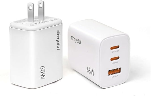 65W GaN USB-C Fast Charger Block with Dual USB-C & USB-A Ports, Compact Power Adapter for MacBook, iPad, iPhone, Galaxy, and More (White)
