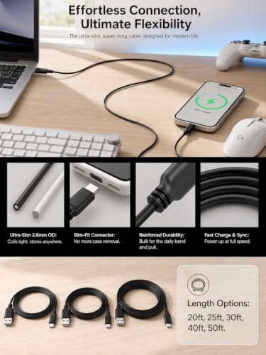 Slim USB C to USB A 30ft Cable, Long USB2.0 Cable USB A to Type C (NOT Fast Charging) Long USB2.0 Cable Data for PS5, Keyboard, Mouse and More! THE Wire Diameter is 2.8 MM