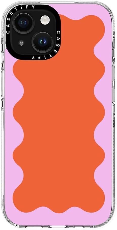 CASETiFY Clear iPhone 15 Case [Not Yellowing / 6.6 ft. 3X Military Grade Drop Protection/Compatible with Magsafe] - Pink Wavy Border on Orange - Clear