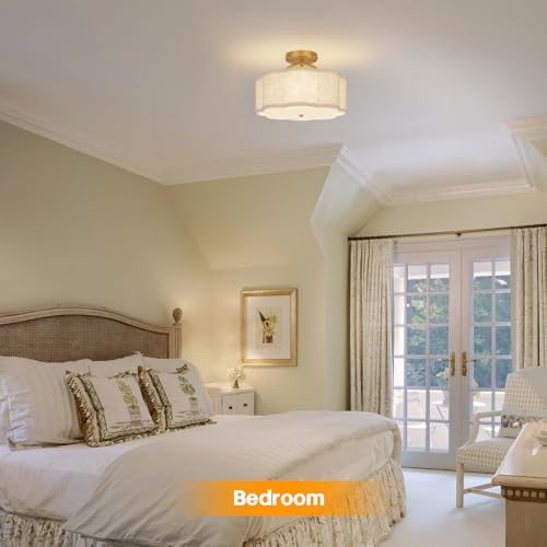 CALOKES Semi Flush Mount Ceiling Light, 11.8" Modern 3-Light Fixture with Petal-Shaped Cream Beige Linen Shade and Golden Support Arm, Ideal for Bedroom, Kitchen, Living Room, Hallway, and Entryway