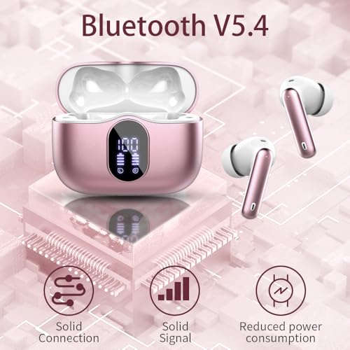 Wireless Earbuds, Bluetooth 5.4 Headphones Bass Stereo/ENC Mic, Pink Gold
