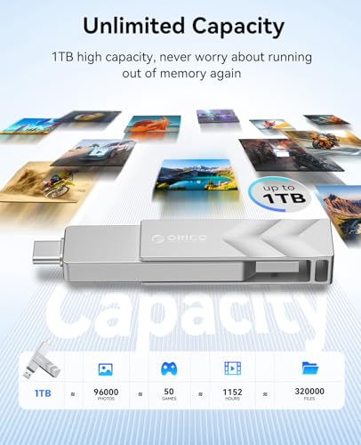 ORICO 1TB Portable Solid State Drive, 1050MB/s Dual-Port Rotating Metal External SSD with 90° Click-Stop, Reliable Storage for iPhone 17, 16 Series, Type-C Smartphone, Mac, Audio, Vehicle - A101