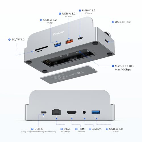 RayCue SmartDock Pro for Mac mini M6, M5 Pro, M4 Dock Stand with M.2 NVMe SSD Enclosure, 4K 60Hz HDMI, 10Gbps USB-C/A, Gigabit Ethernet, SD/TF Card Readers – Space-Saving Vertical Hub