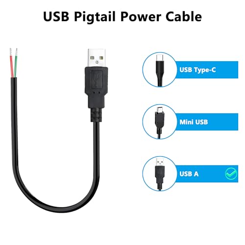 USB 2.0 to Bare Wire Cable,USB Type A Male Plug to 2 Pin Open End Bare Wire Pigtail Power Cord,24AWG 5V 2.5A 2 Cores Power Extension Cable for LED Strips, DIY Projects Electronics Repair-0.3M (5 PCS)