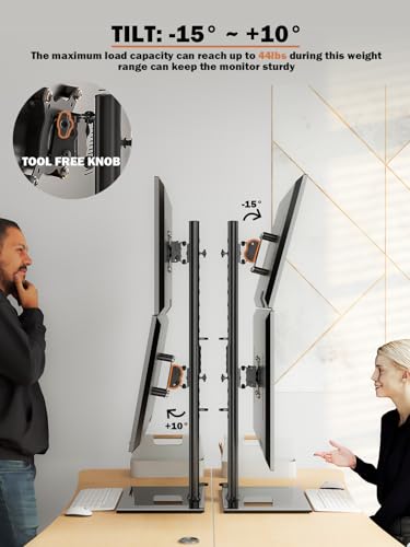 Dual Monitor Stand - Vertical Stack Screen Free-Standing Monitor Riser Fits Two 13 to 34 Inch Screen with Swivel, Tilt, Height Adjustable, Holds One (1) Screen Up to 44Lbs