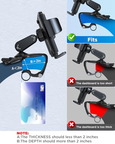 IPOW Car Dashboard Phone Clip Holder, 360 Degrees Rotation Dash Steering Wheel Phone Clamp Mount Compatible with iPhone 15 14 13 Pro Max and 4-7 Inch Smartphones (NOT Universal - Please Check)