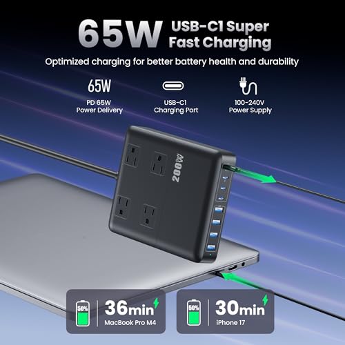 200W Charging Station,12-in-1 USB C Power Strip with Flat Plug and 5ft Extension Cord,4 AC Outlets,4 USB-A,4 USB-C Ports for iPhone 17/16/15,65W PD Fast Laptop Charger for MacBook, Home, Office, Dorm - Image 6
