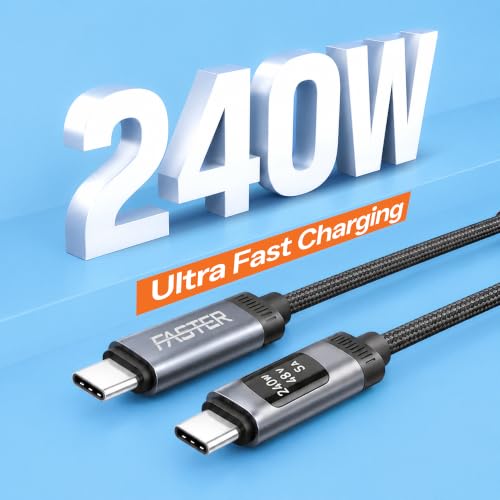 FASTER D8 USB-C to USB-C Cable, 240W, OLED Power Display, 3.9ft
