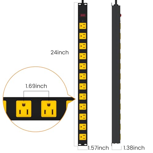 Metal 12 Outlet Mountable Power Strip, 2100J Surge Protector with Heavy Duty 6ft Extension Cord, Wide Spaced and Wall Mount Metal Powerstrip for Garage, Desk, Industrial, Shop and Indoor (6ft)