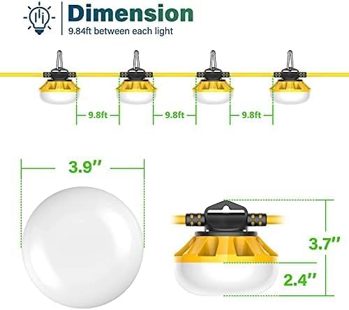 Construction Lights String Temporary Lighting,100ft Work String with 10 Integrated Jobsite LED Lights 10000LM Super Bright, Carabiner Hooks - 10 Bulbs