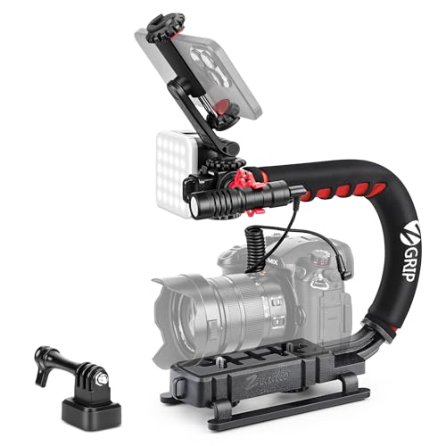 Zeadio Video Handheld Stabilizer, All-in-One Camera Handle Grip Rig Kit with Dimmable LED Video Light, Microphone, Phone Holder, Action Camera Adapter for Filmmaking Vlogging YouTube TikTok etc