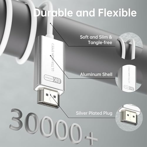 Fiber Optic HDMI 2.1 Cable 10ft-48Gbps Ultra High Speed,8K@60Hz 4K@120Hz,HDCP 2.3,Dynamic HDR-Compatible with RTX 4090,PS5, Box,Samsung TV,Projectors-Slim White HDMI Calbe