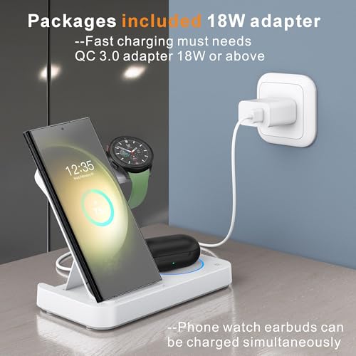 3 in 1 Charging Station for Samsung Android: Wireless Phone and Watch Charger for Galaxy S25 Ultra/S24/S23/Z Fold, Wireless Charger Stand for Galaxy Watch 8/7/6/5 Earbuds 4/3/2/Pro,Not for Watch 9