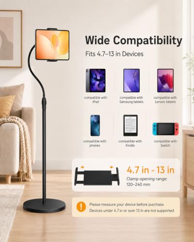 Tablet Floor Stand with Heavy Base Height Adjustable Gooseneck Tablet Holder for 4.7-13" Devices Compatible with iPad/Samsung Galaxy Tab/Kindle/Phones/Switch Overhead Bed Phone Stand with Cable Ties