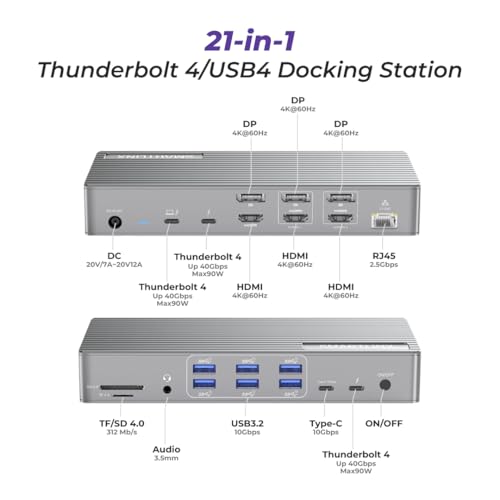 Thunderbolt 4 Docking Station Dual Monitor 21-in-1 USB-C Dock, 150W