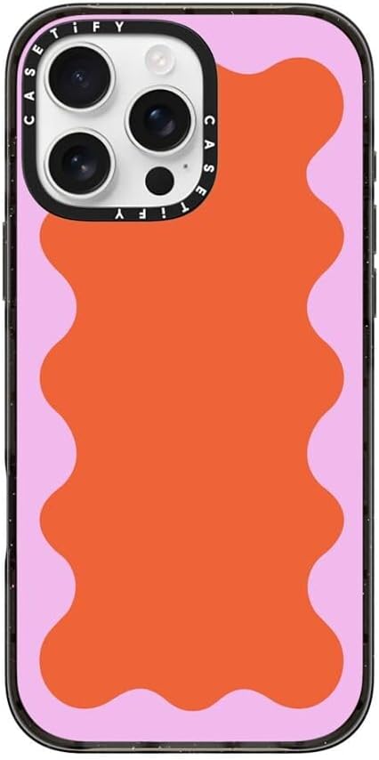 CASETiFY Impact Case for iPhone 16 Pro Max [Slim / 8.2 ft. 4X Military Grade Drop Protection/Wireless Charging Compatible] - Pink Wavy Border on Orange - Clear Black