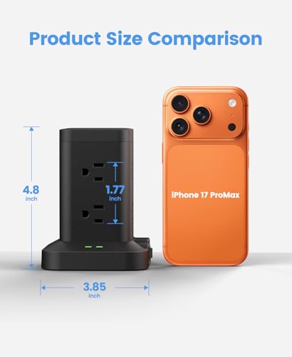 Power Strip Tower with Surge Protector 1800J, Fast Charging Tower PD20W USB-C Ports with 8 AC Outlets, Extension Cord for Home Office Dorm Room, Black, 5FT