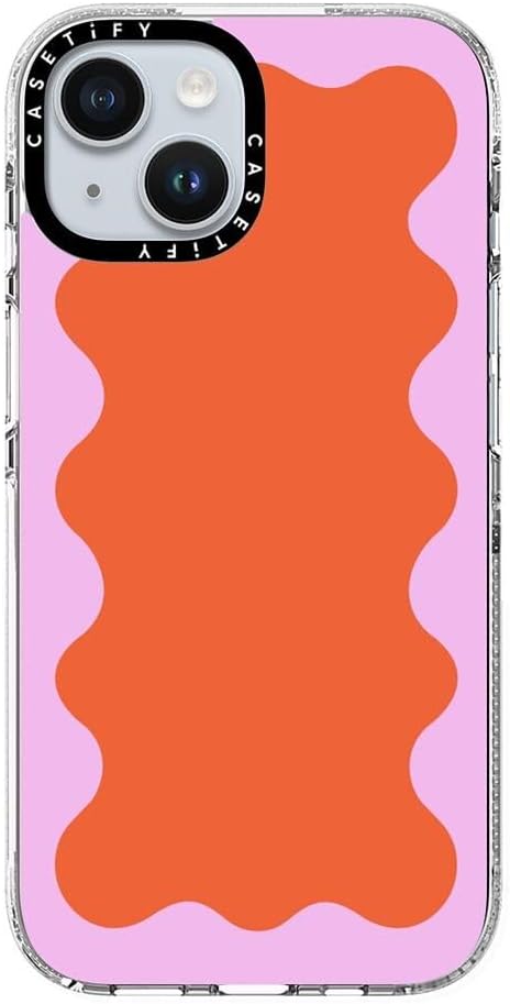 CASETiFY Clear iPhone 15 Case [Not Yellowing / 6.6 ft. 3X Military Grade Drop Protection/Compatible with Magsafe] - Pink Wavy Border on Orange - Clear