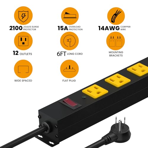 Metal 12 Outlet Mountable Power Strip, 2100J Surge Protector with Heavy Duty 6ft Extension Cord, Wide Spaced and Wall Mount Metal Powerstrip for Garage, Desk, Industrial, Shop and Indoor (6ft)