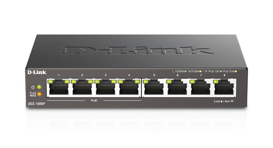 D-Link 8-Port Gigabit Unmanaged PoE+ Ethernet Switch, with 4 PoE Ports up to 60W PoE Budget, QoS, Fanless, Sturdy Metal with Shielded Ports, Compact Desktop, Follows NDAA/TAA (DGS-1008P)