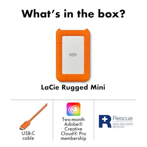 LaCie Rugged Mini, 1TB, 2.5", Portable External Hard Drive, for PC Mac iPad and iPhone, Data Rescue Service (LAC301558)