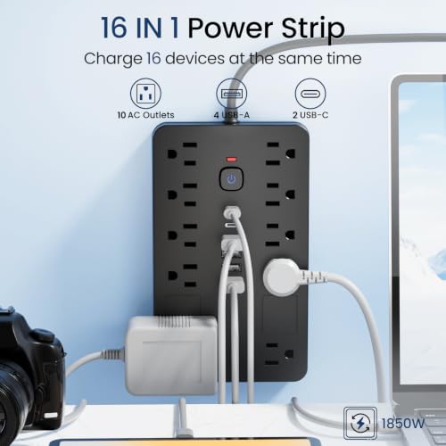 10 FT Surge Protector Power Strip Extension Cord with 10 Outlets & 6 USB