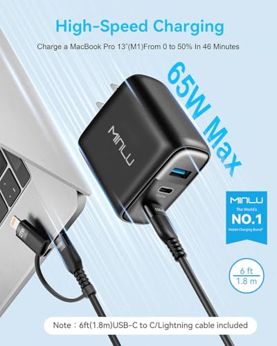 MINLU 65W USB C Charger Block,GaN 3-Port Compact Fast PPS Type C Wall Charger with 6Ft 100W 2 in 1 USB-C/L Cable,Fast Charging for MacBook Pro/Air,iPad,iPhone 17/16/15 and More Series,Galaxy S24 UItra - Image 3