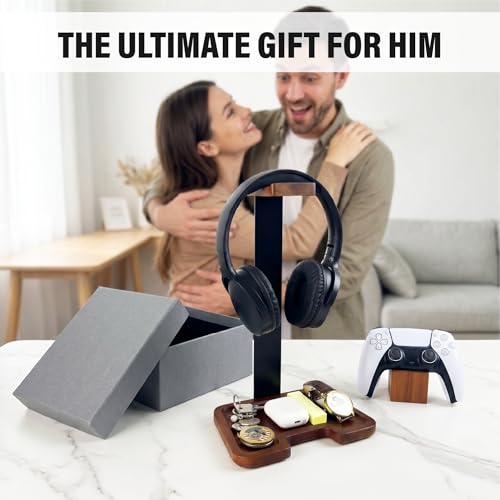 Gaming Equipment Headset Stand with Game Controller Holder & Storage Base, Stylish Gamer Gifts for Men Teenage Boy Headphone Stand, Unique Gifts for Gamers to Organize Gaming Accessories (Brown Wood) - Image 4