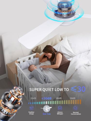 LANMEL 42 Inch White Low Profile Ceiling Fan with Light and Remote