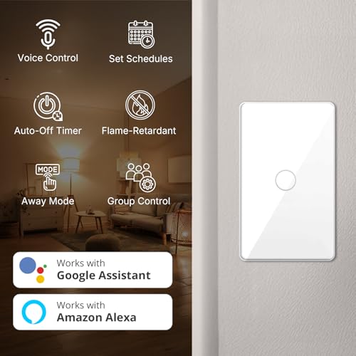 2.4GHz WiFi Smart Touch Wall Single Fire Smart Light Switch, Need Neutral Wire, Glass Panel Light Switch Work with Smart Life/Tuya App, Alexa and Google Home 2 Pack (White 1 Gang)