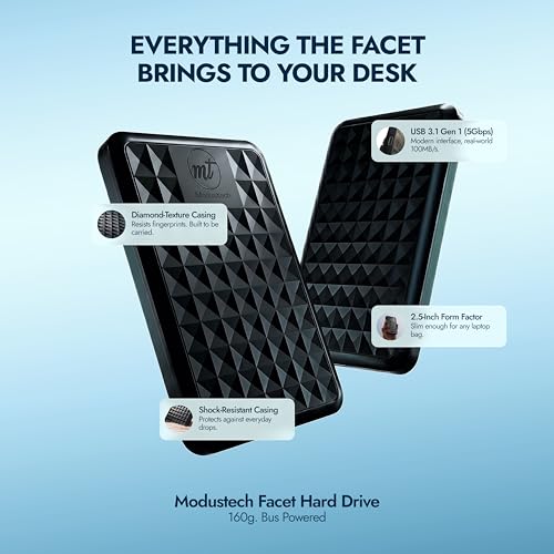 Facet 500GB External Hard Drive Portable USB-C/USB 3.1 Plug & Play Ultra- Slim HDD Hard Drive for Backup, Gaming, PC, Mac, Laptop, PS4, Xbox, Smart TV (Black)