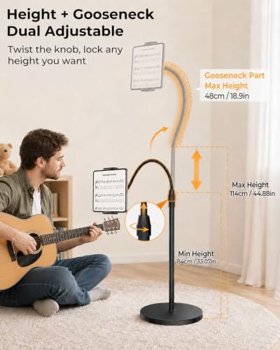 Tablet Floor Stand with Heavy Base Height Adjustable Gooseneck Tablet Holder for 4.7-13" Devices Compatible with iPad/Samsung Galaxy Tab/Kindle/Phones/Switch Overhead Bed Phone Stand with Cable Ties