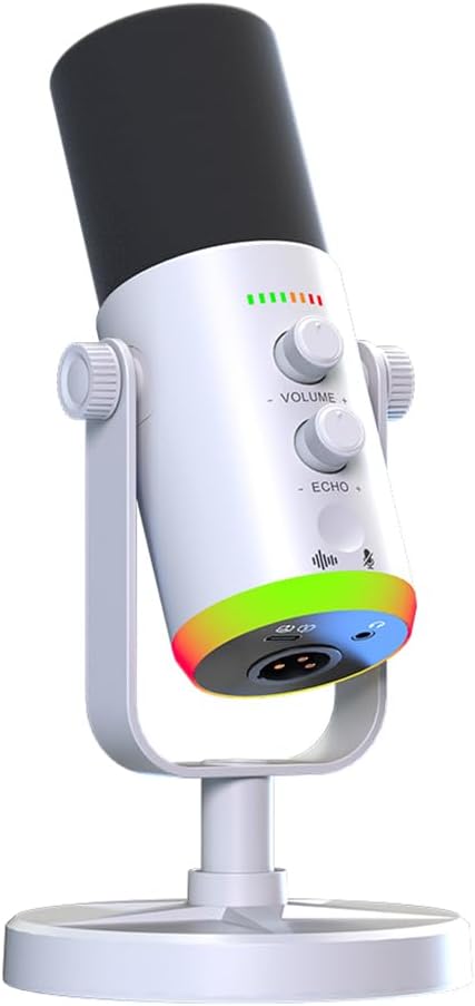 USB/XLR Desktop Dynamic Microphone with RGB Lighting, Noise Reduction, Mute Button & Headphone Jack - Podcast, Gaming, Streaming Mic for PC & Computer (White)