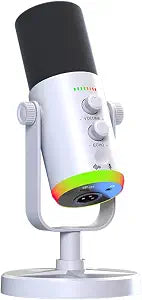 USB/XLR Desktop Dynamic Microphone with RGB Lighting, Noise Reduction, Mute Button & Headphone Jack - Podcast, Gaming, Streaming Mic for PC & Computer (White)