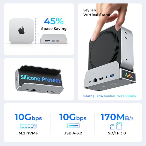 RayCue SmartDock Pro for Mac mini M6, M5 Pro, M4 Dock Stand with M.2 NVMe SSD Enclosure, 4K 60Hz HDMI, 10Gbps USB-C/A, Gigabit Ethernet, SD/TF Card Readers – Space-Saving Vertical Hub
